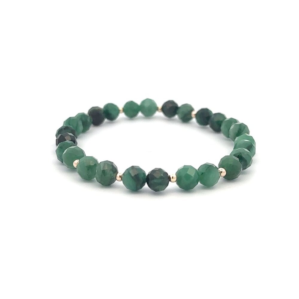 Emerald Micro Faceted  Gemstone Beaded Stretch Bracelet 14K Gold Accent Beads